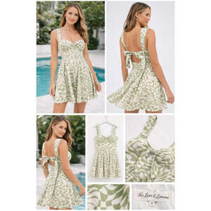 For Love & Lemons August Mini Dress Medium Green White Print Bow Back Fit Flare